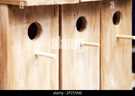 Plusieurs cabanes en bois dans une rangée arrière-plan. Quelques oiseaux en bois Maisons à vendre toile Banque D'Images