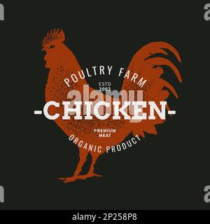 Emblème de boucher, timbre de volaille, imprimé de coq. Affiche de poule vintage, silhouette de poulet rétro, logo de viande. Logo film Premium. Symbole de volaille. Illustration vectorielle monochrome de coq dessinée à la main Illustration de Vecteur