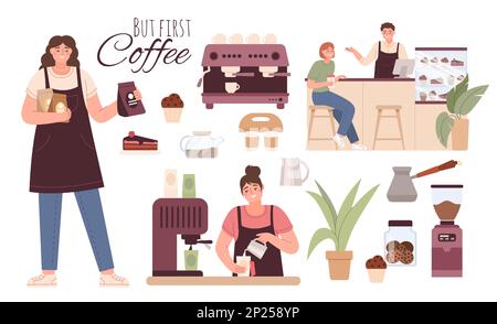 Set de barista du café, café. Station de bar, magasin de lait et de haricots, placer avec du chocolat chaud. Personnages isolés de style dessin animé. L'homme et la femme ont le petit déjeuner. Concept d'illustration vectorielle Illustration de Vecteur