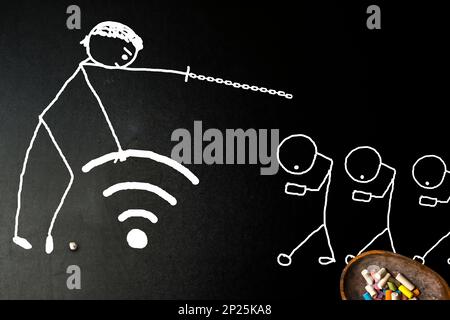 Épidémie de dépendance d'Internet, bullfighter conceptuel avec la béquille pour tromper le taureau et l'épée à tuer, dessin à la main dans le ton humoristique, stickman Banque D'Images