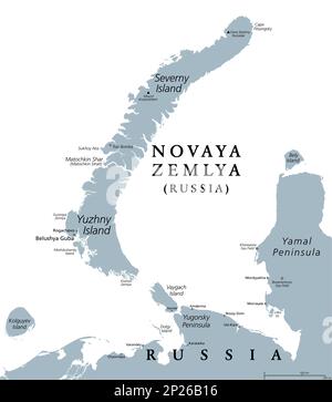 Novaya Zemlya, archipel dans le nord de la Russie, carte politique grise. Situé dans l'océan Arctique, composé de l'île Severny et de l'île Yuzhny. Banque D'Images