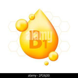 Vitamine B1 avec chute réaliste. Particules de vitamines au milieu. Illustration de Vecteur