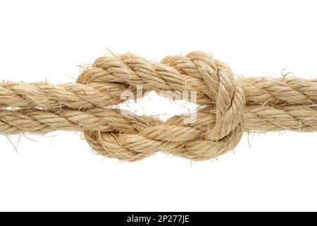 Nœud de voleur fait de corde de chanvre rugueuse, isolé sur fond blanc Banque D'Images