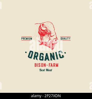 Modèle de logo Buffalo Meat Farm Retro. Esquisse de face de bison dessinée à la main avec une typographie rétro. Emblème d'esquisse des steaks de bœuf vintage. Isolé Illustration de Vecteur