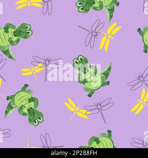 Motif sans couture avec crocodiles et libellules. Fond vectoriel pour les enfants. Illustration de Vecteur