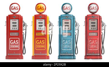 Station de pompe à carburant à gaz rétro isolée sur blanc. 3d illustration Banque D'Images