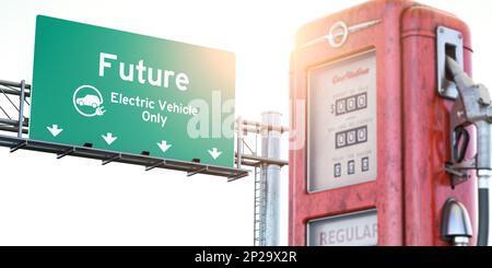 Future de véhicule électrique EV et la fin de l'ère des moteurs à essence et des combustibles fossiles concept, signalisation routière avec l'ancienne buse de pompe à gaz. 3d illustrateur Banque D'Images