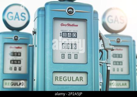 Rangée de pompes à carburant anciennes sur la station de pompe à gaz. 3d illustration Banque D'Images