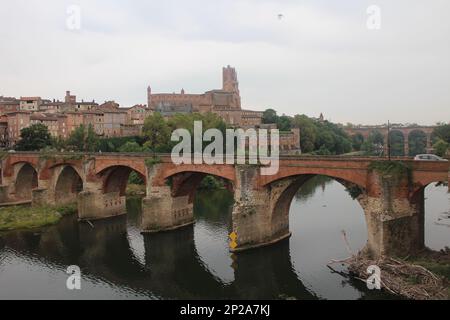 Vue panoramique sur le Pont Vieux, la Cathédrale Sainte-Cécile et la vieille ville d'Albi, France Banque D'Images