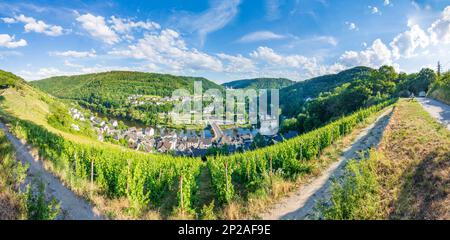 Obernhof: rivière Lahn, village Obernhof, vignoble, Abbaye d'Arnstein à Lahntal, Rheinland-Pfalz, Rhénanie-Palatinat, Allemagne Banque D'Images