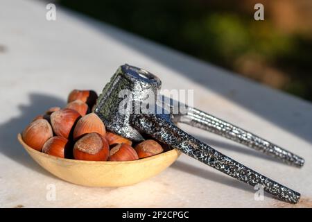 Dans un bol en bois Un plein de noisettes et un casse-noisette à l'intérieur. concept de nutrition de la santé Banque D'Images