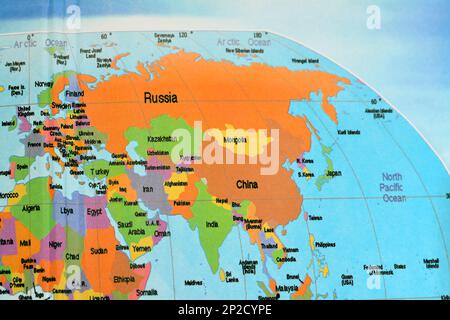 Asie et une partie des continents africains avec la Russie, la Chine, la Corée du Nord, la Corée du Sud, l'Inde, Pays arabes du Moyen-Orient, Iran, Pakistan, Ukraine, Japon, Mongol Banque D'Images