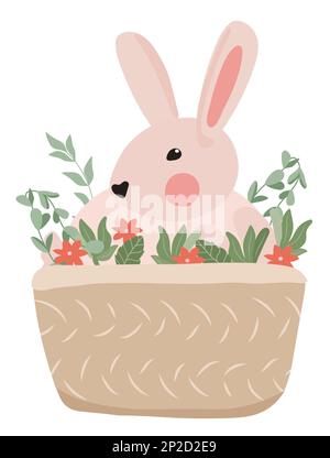 Joli lapin dans un panier avec fleurs de printemps et feuilles vertes. Floraison printanière, illustration pour célébrer Pâques, le jour du printemps, affiches, bannières, etc Graphiques vectoriels. Illustration de Vecteur
