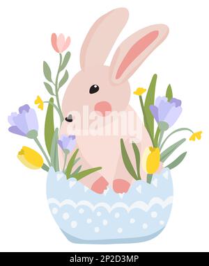 Joli lapin dans un panier avec fleurs de printemps et feuilles vertes. Floraison printanière, illustration pour célébrer Pâques, le jour du printemps, affiches, bannières, etc Graphiques vectoriels. Illustration de Vecteur