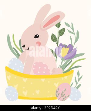 Joli lapin dans un panier avec fleurs de printemps, oeufs de pâques et feuilles vertes. Floraison printanière, illustration pour la fête de Pâques, cartes, affiches, bannières, etc Graphiques vectoriels. Illustration de Vecteur