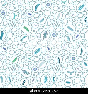 Motif microbe sans couture. Molécules, cellules de virus, bactéries dans les bulles sur fond blanc Illustration de Vecteur