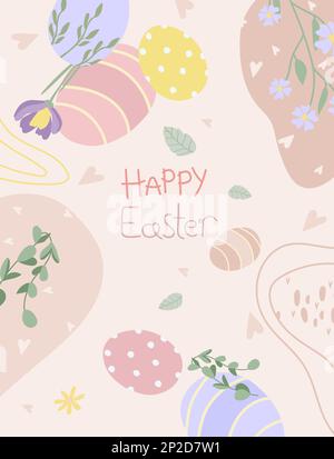 Cartes postales avec œufs de Pâques colorés, fleurs de printemps et feuilles dans des couleurs pastel. Idéal pour les bannières, les invitations, les cartes, les affiches et les autocollants. Illustration vectorielle. Illustration de Vecteur
