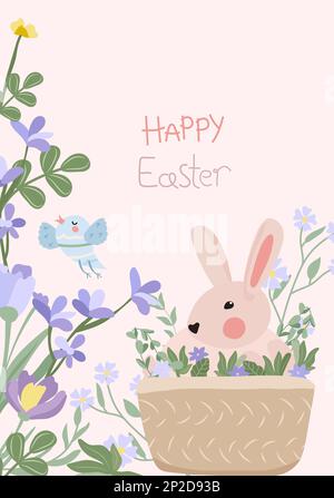 Carte de vœux joyeuses Pâques. Illustration vectorielle avec un lapin assis dans un panier, des fleurs printanières, un oiseau. Compositions lumineuses pour affiches, bannières, cartes, Pâques, vacances de printemps Illustration de Vecteur