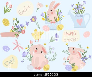 Carte de vœux joyeuses Pâques. Illustration vectorielle avec lapin, bouquet de printemps, oeufs de Pâques, poulets. Compositions lumineuses pour affiches, bannières, cartes, Pâques, vacances de printemps. Graphique vectoriel Illustration de Vecteur