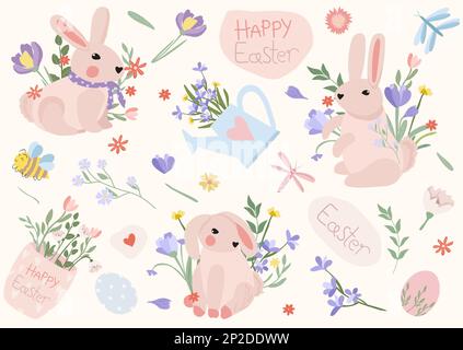 Carte de vœux joyeuses Pâques. Illustration vectorielle avec lapin, bouquet de printemps, oeufs de Pâques, abeille. Compositions lumineuses pour affiches, bannières, cartes, Pâques, vacances de printemps. Graphique vectoriel Illustration de Vecteur