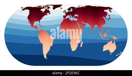 Vecteur de carte du monde. Projection Eckert IV. Monde en dégradé orange rouge sur les vagues bleu profond de l'océan. Illustration vectorielle étonnante. Illustration de Vecteur