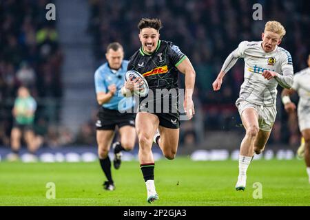 LONDRES, ROYAUME-UNI. 04th, mars 2023. Cadan Murley de Harlequins en action pendant le Big Game 14 Gallagher Premiership Rugby Match Round 19 Harleqins vs Exeter Chiefs au stade de Twickenham le samedi 04 mars 2023. LONDRES, ANGLETERRE. Credit: Taka G Wu/Alay Live News Banque D'Images