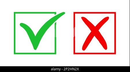 Faux et droit. Icône coche oui et x. signe de couleur rouge et vert isolé sur fond blanc. Mauvaise coche ou coche droite. Symbole correct et faux Illustration de Vecteur