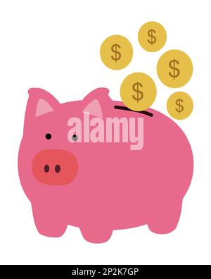 Illustration graphique d'une banque de pigey avec une pièce de monnaie en dollars américains, isolée sur fond blanc. Concept d'épargne financière et d'investissement. Illustration de Vecteur
