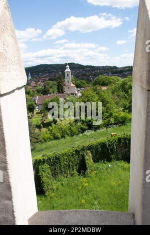 Vue depuis les murs du château de Corvin en Roumanie Banque D'Images