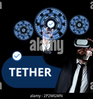 Texte d'écriture Tether. Approche professionnelle utilisez un smartphone pour connecter un ordinateur ou un autre appareil à Internet Banque D'Images