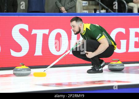 Londres, Canada. 04th mars 2023. London Ontario Canada, 3 mars 2023. Le jour 2 du Tim Hortons Brier est en route. Tanner Horgan de l'équipe du Nord de l'Ontario. Crédit : Luke Durda/Alay Live News Banque D'Images