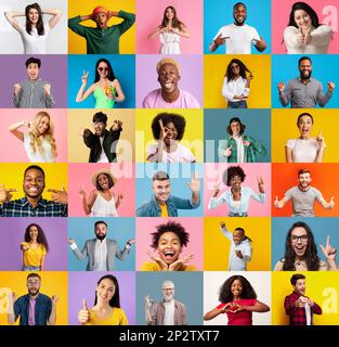 Différentes émotions des gens. Choqué satisfait excité jeunes femmes et hommes divers gestuelle, rire et montrer des signes Banque D'Images