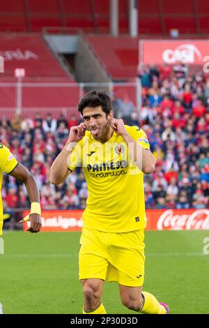 Almeria, Espagne. 04th mars 2023. Gerard Moreno célèbre un but lors du match LaLiga Smartbank 2022/2023 entre UD Almeria et Villarreal CF au stade Power Horse. (Note finale: UD Almeria 0:2 Villarreal CF). Crédit : SOPA Images Limited/Alamy Live News Banque D'Images