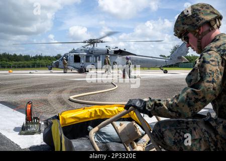 BASE NAVALE GUAM, Santa Rita, Guam (le 14 février 2023) les marins du bataillon de manutention du fret de la Marine, sous la direction du commandant de la Force opérationnelle 75 et des Marines de l'escadron de soutien de l'escadre Marine 171, effectuent une évolution du point d'armement et de ravitaillement (FARP) pendant le COPE North 2023 à la base navale de Guam, le 14 février. 2023. L'événement multilatéral de formation rassemble environ 1 000 États-Unis Des aviateurs, des Marines et des marins aux côtés de 1 000 membres combinés de la Japan Air Self-Defense Force, de la Royal Australian Air Force et de la French Air and Space Force. Des exercices comme Cope North améliorent l'interopérabilité entre les multipl Banque D'Images