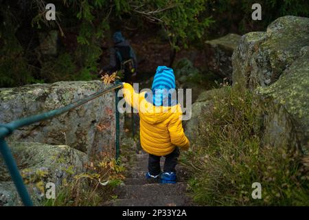 L'enfant descend les marches de pierre sur le sentier de randonnée dans les montagnes. Montagnes polonaises Banque D'Images