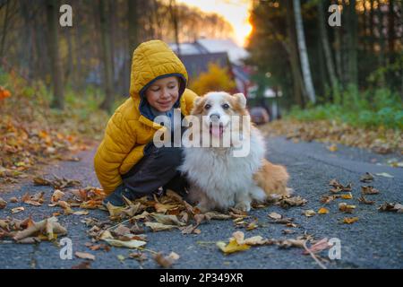 Le petit enfant et son chien Corgi passent du temps ensemble au lever du soleil. Saison d'automne Banque D'Images