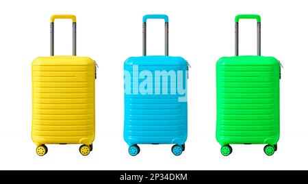 Isoler la valise. Valises à bagages de différentes couleurs sur fond blanc vide. Photo de haute qualité Banque D'Images