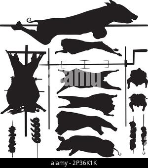 Silhouettes vectorielles de viande (barbecue) : porc, veau, lampe, volaille, brochette, cric rouleur. En couches. Entièrement modifiable Illustration de Vecteur