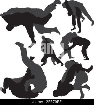 Jiu-jitsu (jujitsu) et judo lutteurs silhouettes vectorielles isolées sur fond blanc. En couches Illustration de Vecteur