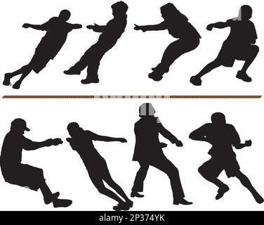 Remorqueur de guerre ou corde tirant des silhouettes vectorielles sur fond blanc. Modifiable Illustration de Vecteur