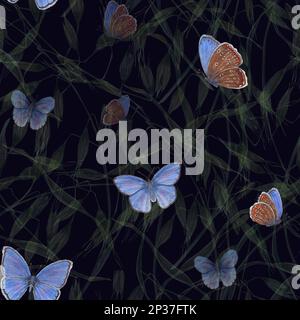 Motif aquarelle sans couture de papillons bleus volants isolés sur fond sombre d'avoine sauvage. Pour la conception de cartes de vœux, le modèle d'invitation, les impressions Banque D'Images