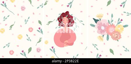 Des illustrations lumineuses avec une femme, des fleurs et des feuilles dans un cercle. Femme heureuse de printemps. Bonne journée mère. Idéal pour les cartes de vœux, les cartes, les bannières et les affiches. Graphiques vectoriels. Illustration de Vecteur