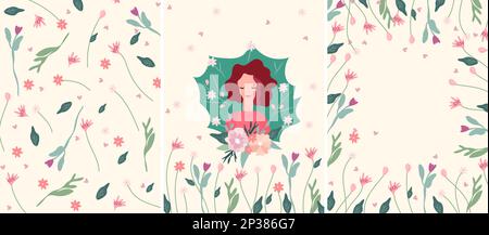 Des illustrations lumineuses de printemps avec une jolie dame et un bouquet de fleurs dans ses mains et des fleurs sauvages autour. Femme heureuse de printemps. Idéal pour les cartes de vœux, les cartes, les bannières et les affiches. Graphiques vectoriels Illustration de Vecteur