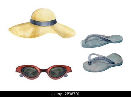 Éléments aquarelle dessinés à la main. Chapeau de soleil jaune floppy paille, lunettes de soleil, sandales à rabat. Isolé sur fond blanc. Décoration murale, mariage Banque D'Images