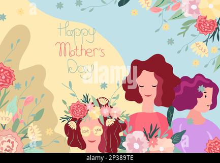 Bonne journée des femmes. Illustration lumineuse avec une femme et une couronne florale sur sa tête, des feuilles vertes et des fleurs colorées autour.les illustrations printanières sont idéales pour les cartes de vœux, les cartes, les bannières, les affiches. Illustration de Vecteur