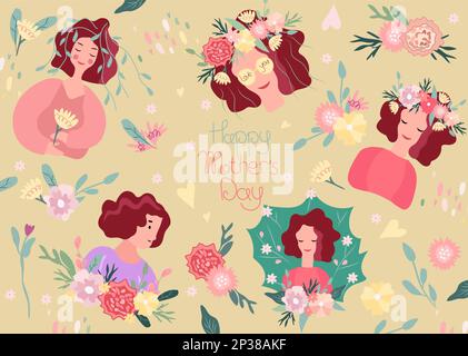 Bonne journée des femmes. Illustration lumineuse avec une femme et une couronne florale sur sa tête, des feuilles vertes et des fleurs colorées autour.les illustrations printanières sont idéales pour les cartes de vœux, les cartes, les bannières, les affiches. Illustration de Vecteur