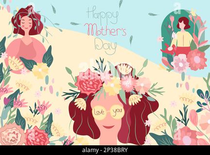 Bonne journée des femmes. Illustration lumineuse avec une femme et une couronne florale sur sa tête, des feuilles vertes et des fleurs colorées autour.les illustrations printanières sont idéales pour les cartes de vœux, les cartes, les bannières, les affiches. Illustration de Vecteur