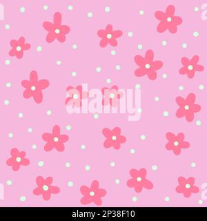 Motif de fleurs de sakura roses sans couture dessiné à la main sur fond de pois. Motif fleuri minimaliste simple pour papier d'emballage textile, petite fleur avec cercles géométriques abstraits de style japonais Banque D'Images
