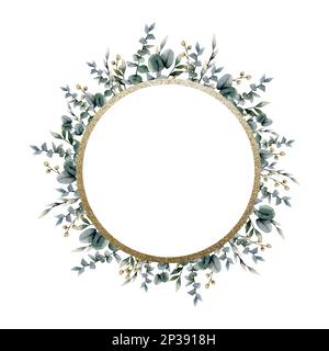 Couronne d'eucalyptus à l'aquarelle avec feuilles vertes, branches, fleurs de champ et cadre doré avec espace de copie pour les voeux, les autocollants et les motifs de mariage Banque D'Images