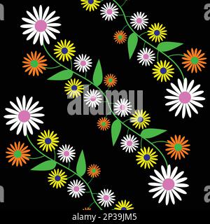 Motif sans couture avec motifs colorés et feuilles sur fond noir. Illustration vectorielle Illustration de Vecteur